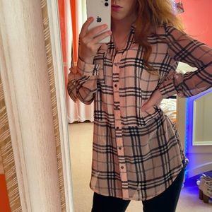 Candies pink and black plaid blouse